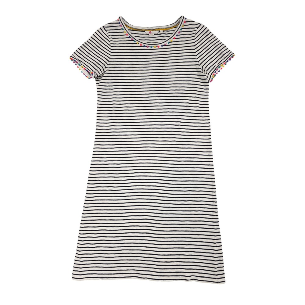 Boden T-Shirt Dress Women 2R Ivory Navy Striped Pom Pom Trim Nautical Mini Shift